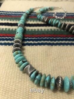 22 Turquoise Disc, Navajo Silver 925 Bench Bead Necklace 52.7 Gr