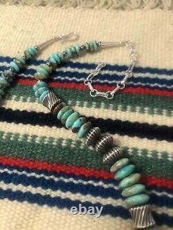 22 Turquoise Disc, Navajo Silver 925 Bench Bead Necklace 52.7 Gr