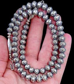 24 Navajo Pearl STAMPED FLOWER NECKLACE 8MM BENCH BEAD Vintage Squash STERLING