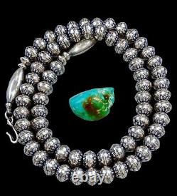 24 Navajo Pearl STAMPED FLOWER NECKLACE 8MM BENCH BEAD Vintage Squash STERLING