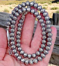 24 Navajo Pearl STAMPED FLOWER NECKLACE 8MM BENCH BEAD Vintage Squash STERLING
