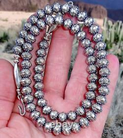 24 Navajo Pearl STAMPED FLOWER NECKLACE 8MM BENCH BEAD Vintage Squash STERLING