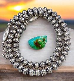 24 Navajo Pearl STAMPED FLOWER NECKLACE 8MM BENCH BEAD Vintage Squash STERLING