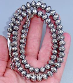 24 Navajo Pearl STAMPED FLOWER NECKLACE 8MM BENCH BEAD Vintage Squash STERLING