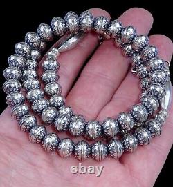 24 Navajo Pearl STAMPED FLOWER NECKLACE 8MM BENCH BEAD Vintage Squash STERLING