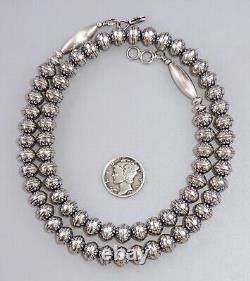 24 Navajo Pearl STAMPED FLOWER NECKLACE 8MM BENCH BEAD Vintage Squash STERLING