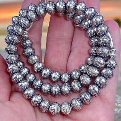 24 Navajo Pearl STAMPED FLOWER NECKLACE 8MM BENCH BEAD Vintage Squash STERLING