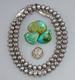 24 Navajo Pearl STAMPED FLOWER NECKLACE 8MM BENCH BEAD Vintage Squash STERLING