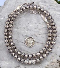 24 Navajo Pearl STAMPED FLOWER NECKLACE 8MM BENCH BEAD Vintage Squash STERLING