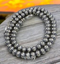 24 Navajo Pearl STAMPED FLOWER NECKLACE 8MM BENCH BEAD Vintage Squash STERLING