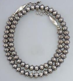 24 Navajo Pearl STAMPED FLOWER NECKLACE 8MM BENCH BEAD Vintage Squash STERLING