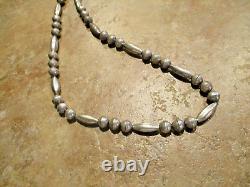 26 GEM! Long Vintage Navajo Sterling Silver ALTERNATING DESIGN Bead Necklace