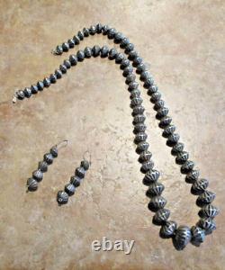 26 OLDER Vintage Navajo Hand Made Sterling FLUTED BEAD Necklace / Earrings