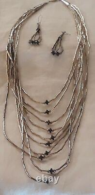 28 Vtg Native American Navajo Liquid Silver Beaded Necklace Earrings Set 68.95g