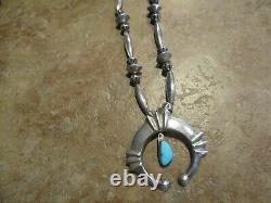 29 OLD PAWN Navajo Sterling Silver Fluted / Melon Bead Turquoise NAJA Necklace