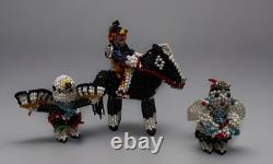 3 Vintage Zuni Beaded Eagle Dancer Horse And Rider Figurine Native American Art