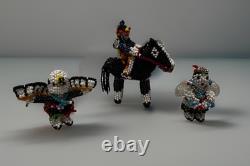 3 Vintage Zuni Beaded Eagle Dancer Horse And Rider Figurine Native American Art