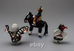 3 Vintage Zuni Beaded Eagle Dancer Horse And Rider Figurine Native American Art