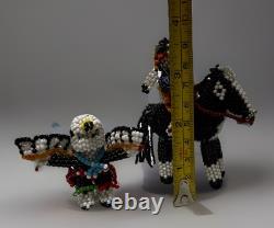 3 Vintage Zuni Beaded Eagle Dancer Horse And Rider Figurine Native American Art