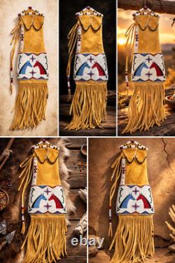 6 pcs Native American Style Beaded Tobacco pouch Buffalo Hide Tobacco Pipe Bag