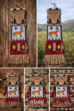 6 pcs Native American Style Beaded Tobacco pouch Buffalo Hide Tobacco Pipe Bag