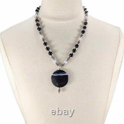 925 Sterling Silver Native American Agate Onyx Gemstone Bead Necklace Heavy 44G