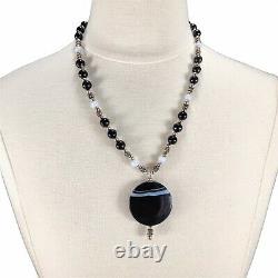 925 Sterling Silver Native American Agate Onyx Gemstone Bead Necklace Heavy 44G