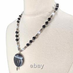 925 Sterling Silver Native American Agate Onyx Gemstone Bead Necklace Heavy 44G