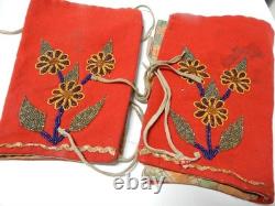 ANTIQUE RED STROUD CREE / METIS INDIAN LEGGINS BEADED BOTH SIDES c1920s