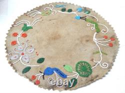 ANTIQUE WOODLANDS CREE / CHIPPEWA INDIAN BEADED BRAIN TANNED HIDE MAT -c1890-20s