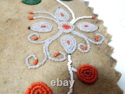 ANTIQUE WOODLANDS CREE / CHIPPEWA INDIAN BEADED BRAIN TANNED HIDE MAT -c1890-20s