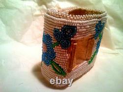 Alaskan Forget-Me-Not leather Beaded Watchband Cuff Native American Indian