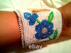 Alaskan Forget-Me-Not leather Beaded Watchband Cuff Native American Indian