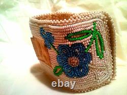 Alaskan Forget-Me-Not leather Beaded Watchband Cuff Native American Indian