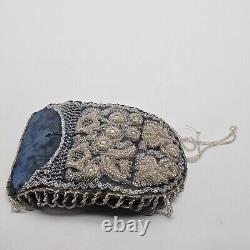 Antique 1800s Iroquois Native American Blue Beaded Pin Purse Clear Glass Beads