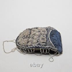 Antique 1800s Iroquois Native American Blue Beaded Pin Purse Clear Glass Beads