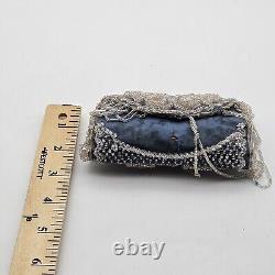 Antique 1800s Iroquois Native American Blue Beaded Pin Purse Clear Glass Beads