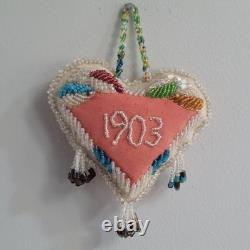Antique 1903 Native American Beaded Heart Shaped Pillow Iroquis 5.5 x 5