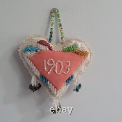 Antique 1903 Native American Beaded Heart Shaped Pillow Iroquis 5.5 x 5