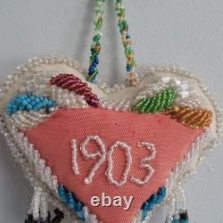 Antique 1903 Native American Beaded Heart Shaped Pillow Iroquis 5.5 x 5