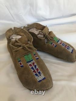 Antique Arapaho Indian Youth Beaded Leather Handmade Mocassins