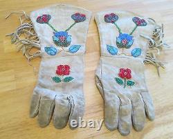 Antique Beaded Elk Hide Plateau Style Guantlet Gloves Native American Yakima