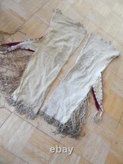 Antique Comanche So. Plains Indian Indian Beaded Hide Leggins Twisted Fringe