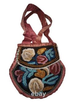 Antique Floral Hand Beaded Native American Iroquois Pink Velvet Purse Pouch