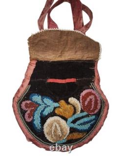 Antique Floral Hand Beaded Native American Iroquois Pink Velvet Purse Pouch