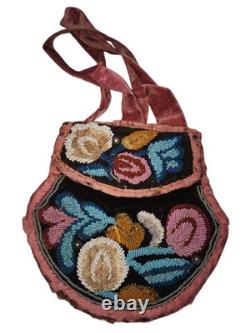 Antique Floral Hand Beaded Native American Iroquois Pink Velvet Purse Pouch