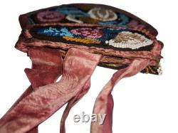 Antique Floral Hand Beaded Native American Iroquois Pink Velvet Purse Pouch