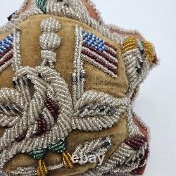 Antique Iroquois 11 NATIVE AMERICAN BEADED STAR PIN CUSHION W US Flags, Eagle