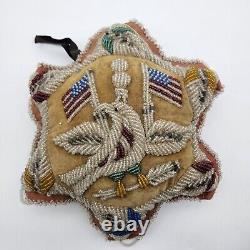 Antique Iroquois 11 NATIVE AMERICAN BEADED STAR PIN CUSHION W US Flags, Eagle