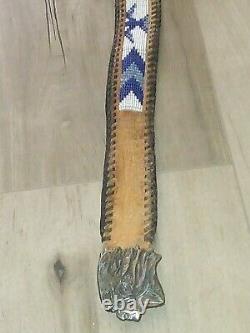 Antique LEATHER HAND BEADED FIREBIRD NATIVE AMERICAN INDIAN BELT & BRASS BUCKLE